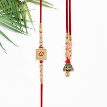 Bhaiya Bhabhi Rakhi Set With Square Motif Pink Beads And Hanging Heart Charm