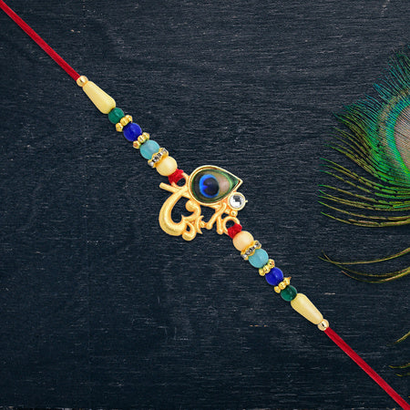Divine Govind Rakhi With Peacock Feather Design And Multicolor Beads