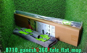 Multipurpose microfiber mop, flat, with 360-degree rotating head and telescopic handle.