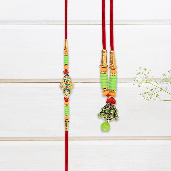Traditional Bhabhi Lumba Rakhi With Beaded Design And Floral Centerpiece Hanging Style