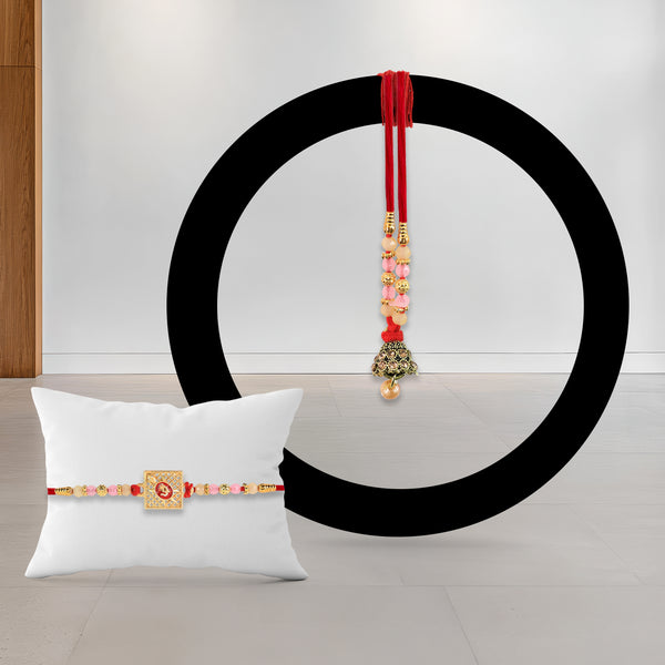 Bhaiya Bhabhi Rakhi Set With Square Motif Pink Beads And Hanging Heart Charm