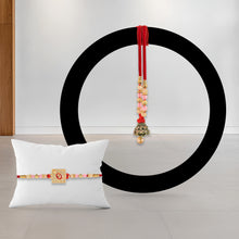 Bhaiya Bhabhi Rakhi Set With Square Motif Pink Beads And Hanging Heart Charm