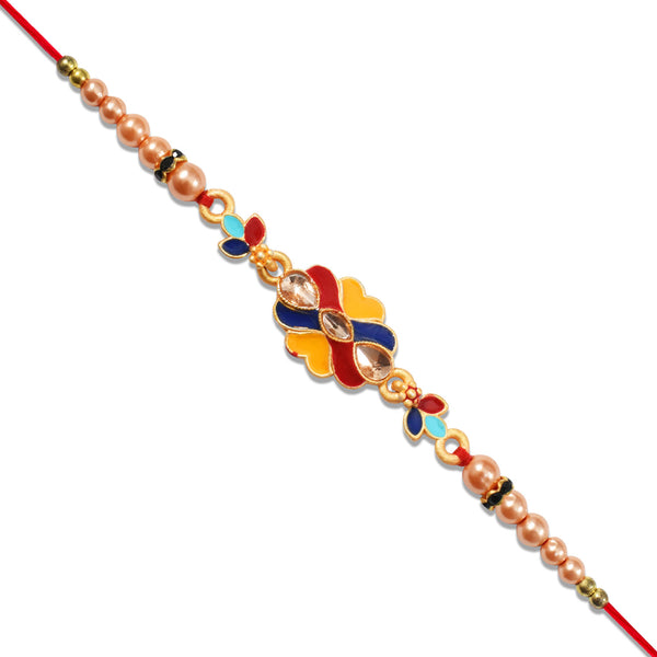 Premium Designer Rakhi With Multicolor Enamel Kundan Stones  Golden Pearls