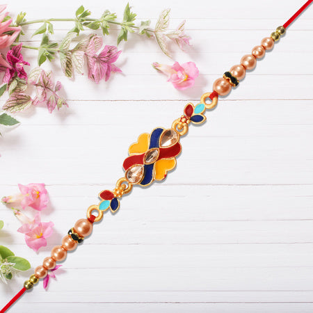Premium Designer Rakhi With Multicolor Enamel Kundan Stones  Golden Pearls