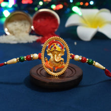 Lord Ganesha Rakhi With Golden Oval Medallion And Beaded Design  Spiritual Raksha Bandhan Thread For Brother