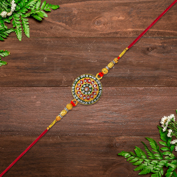Royal Designer Rakhi With Kundan Centerpiece Red  Green Enamel Work And Golden Beads