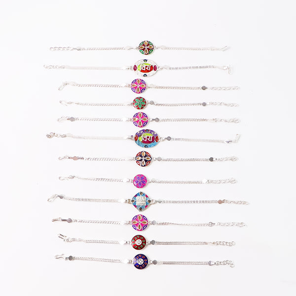 Pack Of 12 Silver Chain Rakhis  Stylish Bracelet Rakhi Set For Brothers